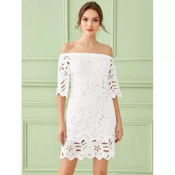 imagePRETTYGARDEN Womens Summer Off Shoulder Vintage Floral Lace Flare Short Sleeve Loose Elegant Mini DressWhite