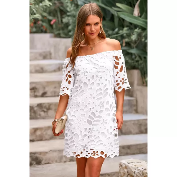 imagePRETTYGARDEN Womens Summer Off Shoulder Vintage Floral Lace Flare Short Sleeve Loose Elegant Mini DressWhite
