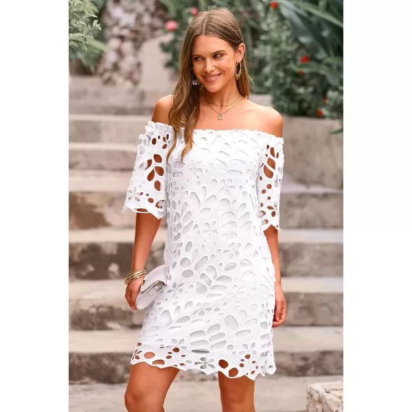 imagePRETTYGARDEN Womens Summer Off Shoulder Vintage Floral Lace Flare Short Sleeve Loose Elegant Mini DressWhite