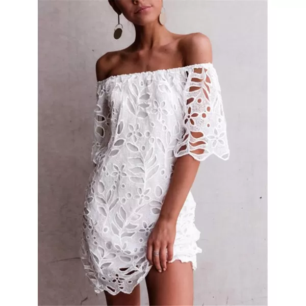 imagePRETTYGARDEN Womens Summer Off Shoulder Vintage Floral Lace Flare Short Sleeve Loose Elegant Mini DressWhite