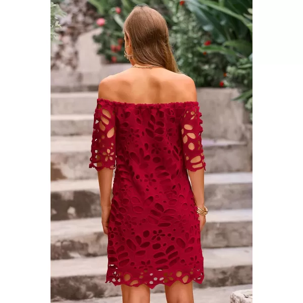 imagePRETTYGARDEN Womens Summer Off Shoulder Vintage Floral Lace Flare Short Sleeve Loose Elegant Mini DressWine Red