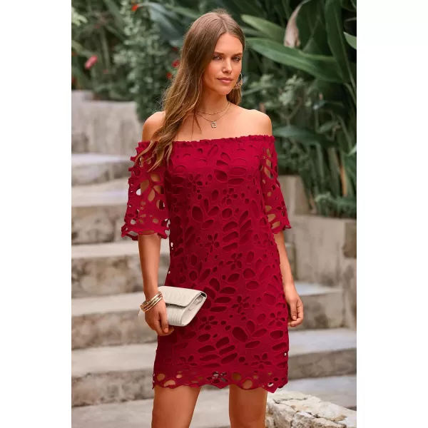 imagePRETTYGARDEN Womens Summer Off Shoulder Vintage Floral Lace Flare Short Sleeve Loose Elegant Mini DressWine Red