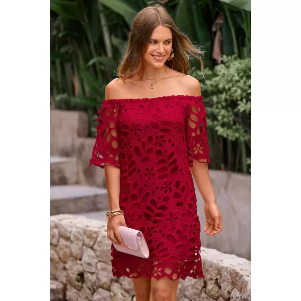 imagePRETTYGARDEN Womens Summer Off Shoulder Vintage Floral Lace Flare Short Sleeve Loose Elegant Mini DressWine Red