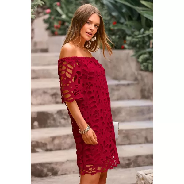 imagePRETTYGARDEN Womens Summer Off Shoulder Vintage Floral Lace Flare Short Sleeve Loose Elegant Mini DressWine Red