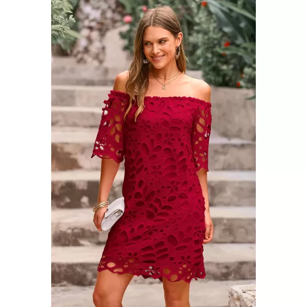 imagePRETTYGARDEN Womens Summer Off Shoulder Vintage Floral Lace Flare Short Sleeve Loose Elegant Mini DressWine Red