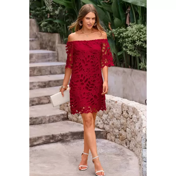 imagePRETTYGARDEN Womens Summer Off Shoulder Vintage Floral Lace Flare Short Sleeve Loose Elegant Mini DressWine Red