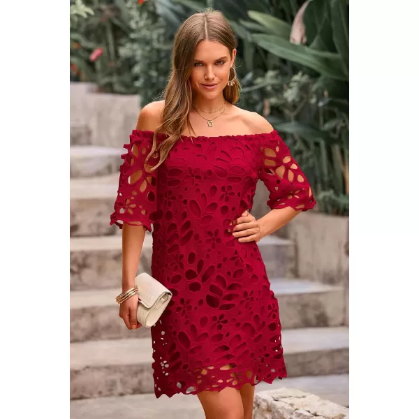 imagePRETTYGARDEN Womens Summer Off Shoulder Vintage Floral Lace Flare Short Sleeve Loose Elegant Mini DressWine Red