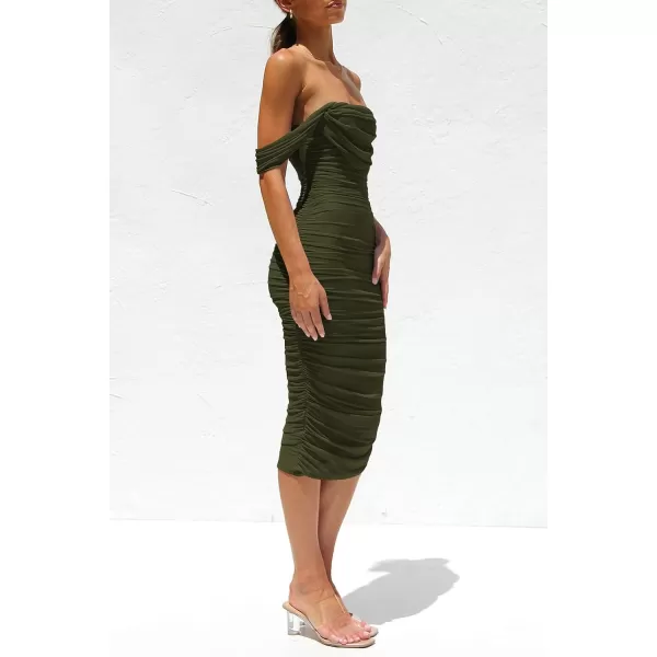 imagePRETTYGARDEN Womens Summer Off The Shoulder Ruched Bodycon Dresses Sleeveless Fitted Party Club Midi DressArmy Green