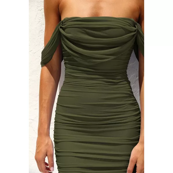 imagePRETTYGARDEN Womens Summer Off The Shoulder Ruched Bodycon Dresses Sleeveless Fitted Party Club Midi DressArmy Green