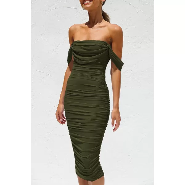 imagePRETTYGARDEN Womens Summer Off The Shoulder Ruched Bodycon Dresses Sleeveless Fitted Party Club Midi DressArmy Green