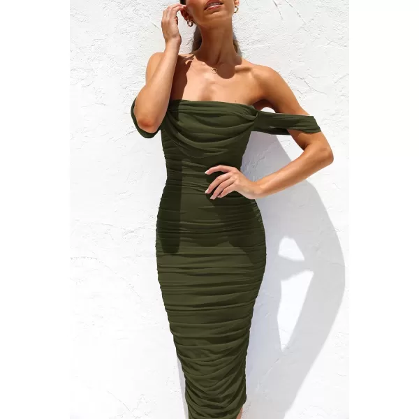 imagePRETTYGARDEN Womens Summer Off The Shoulder Ruched Bodycon Dresses Sleeveless Fitted Party Club Midi DressArmy Green