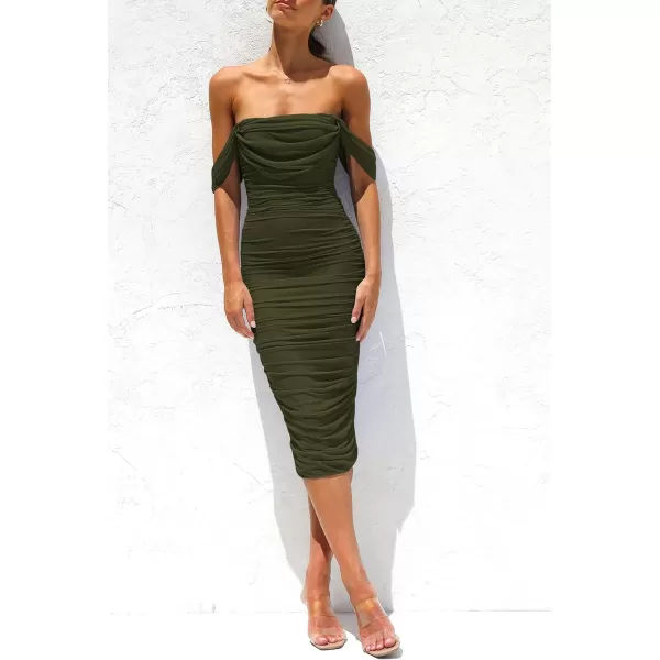 imagePRETTYGARDEN Womens Summer Off The Shoulder Ruched Bodycon Dresses Sleeveless Fitted Party Club Midi DressArmy Green