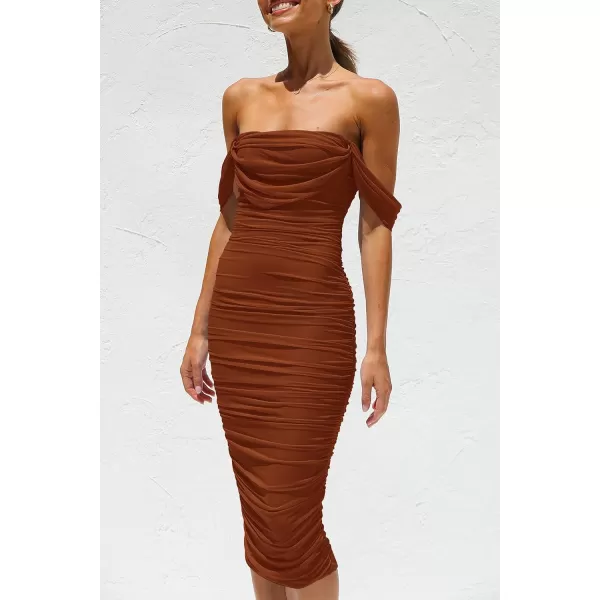 imagePRETTYGARDEN Womens Summer Off The Shoulder Ruched Bodycon Dresses Sleeveless Fitted Party Club Midi DressCaramel