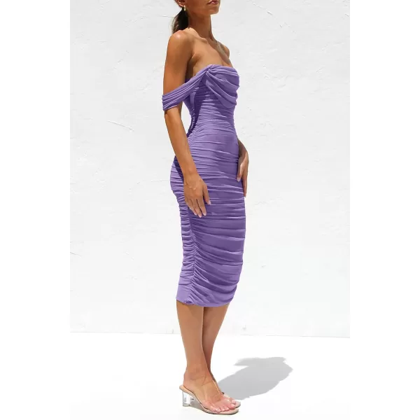 imagePRETTYGARDEN Womens Summer Off The Shoulder Ruched Bodycon Dresses Sleeveless Fitted Party Club Midi DressGrey Purple