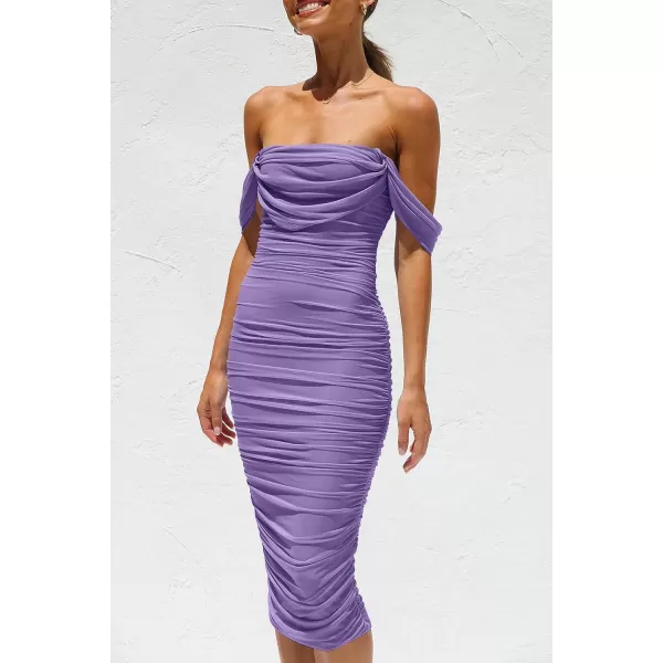 imagePRETTYGARDEN Womens Summer Off The Shoulder Ruched Bodycon Dresses Sleeveless Fitted Party Club Midi DressGrey Purple