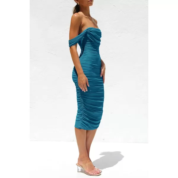 imagePRETTYGARDEN Womens Summer Off The Shoulder Ruched Bodycon Dresses Sleeveless Fitted Party Club Midi DressLake Blue