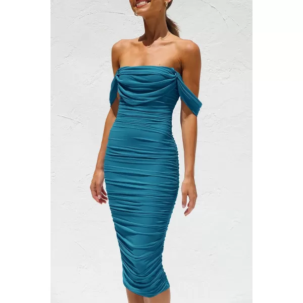 imagePRETTYGARDEN Womens Summer Off The Shoulder Ruched Bodycon Dresses Sleeveless Fitted Party Club Midi DressLake Blue