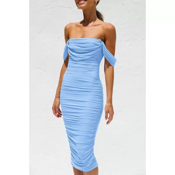 imagePRETTYGARDEN Womens Summer Off The Shoulder Ruched Bodycon Dresses Sleeveless Fitted Party Club Midi DressLight Blue
