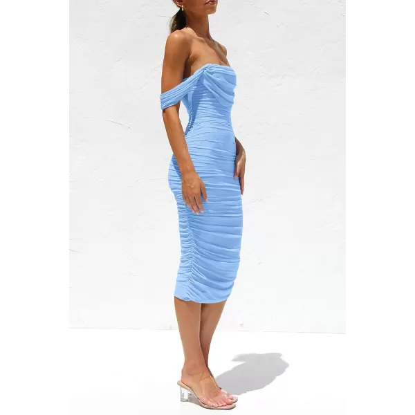 imagePRETTYGARDEN Womens Summer Off The Shoulder Ruched Bodycon Dresses Sleeveless Fitted Party Club Midi DressLight Blue