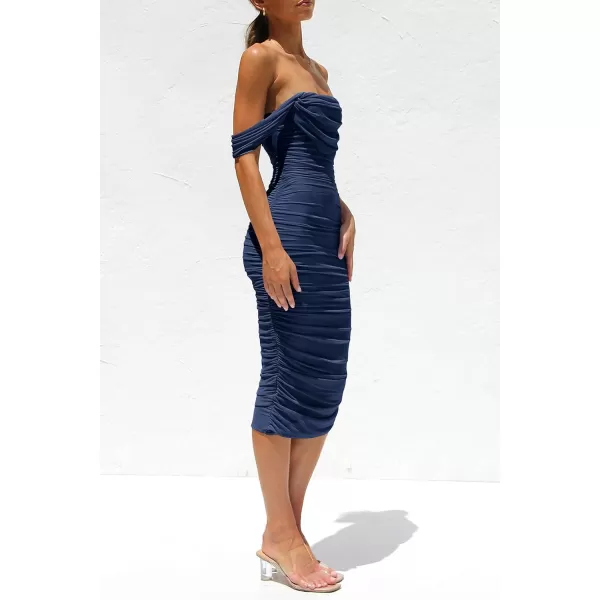 imagePRETTYGARDEN Womens Summer Off The Shoulder Ruched Bodycon Dresses Sleeveless Fitted Party Club Midi DressNavy
