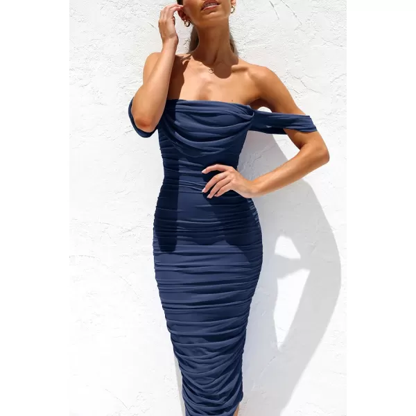 imagePRETTYGARDEN Womens Summer Off The Shoulder Ruched Bodycon Dresses Sleeveless Fitted Party Club Midi DressNavy