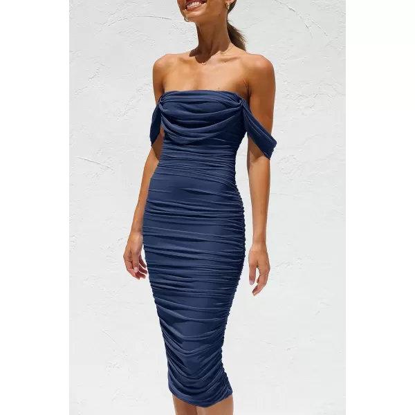 imagePRETTYGARDEN Womens Summer Off The Shoulder Ruched Bodycon Dresses Sleeveless Fitted Party Club Midi DressNavy
