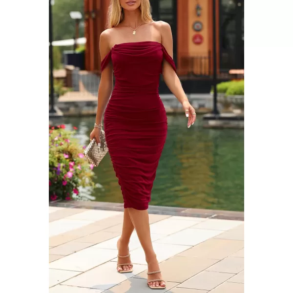 imagePRETTYGARDEN Womens Summer Off The Shoulder Ruched Bodycon Dresses Sleeveless Fitted Party Club Midi DressWine Red