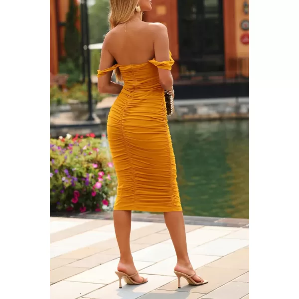 imagePRETTYGARDEN Womens Summer Off The Shoulder Ruched Bodycon Dresses Sleeveless Fitted Party Club Midi DressYellow