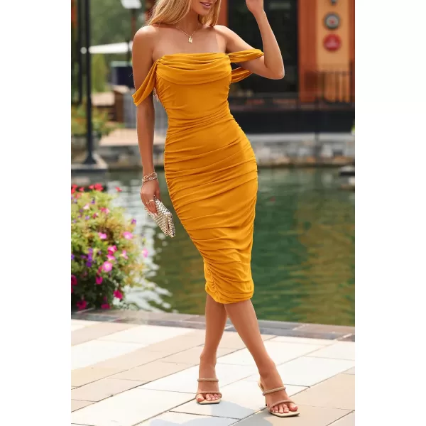 imagePRETTYGARDEN Womens Summer Off The Shoulder Ruched Bodycon Dresses Sleeveless Fitted Party Club Midi DressYellow