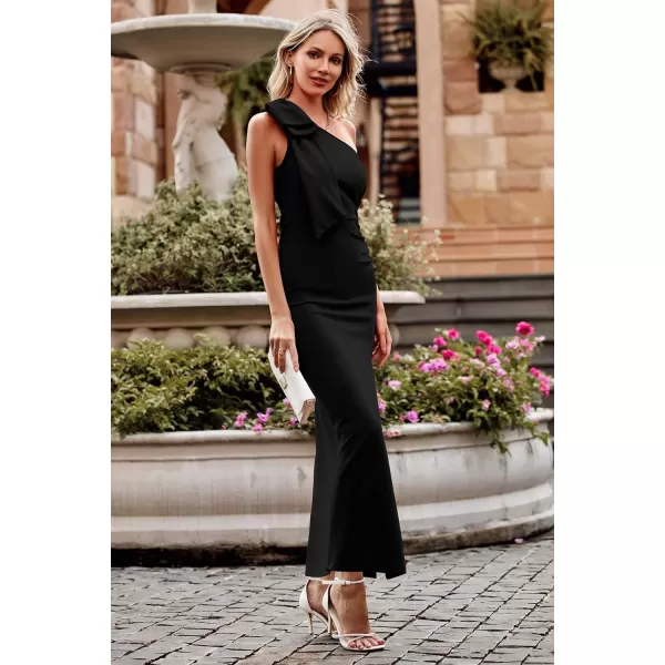 imagePRETTYGARDEN Womens Summer One Shoulder Long Formal Dresses Sleeveless Ruched Bodycon Wedding Guest Slit Maxi DressBlack