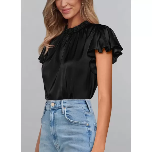 imagePRETTYGARDEN Womens Summer Satin Blouse Shirt Dressy Casual Ruffle Short Sleeve Crewneck Work Party TopsBlack