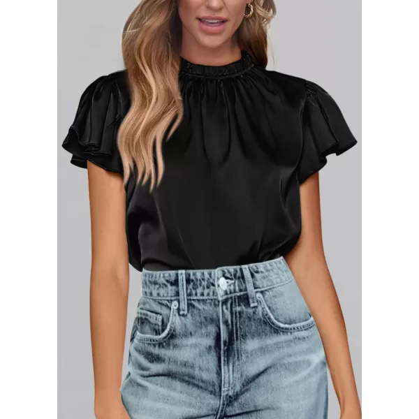 imagePRETTYGARDEN Womens Summer Satin Blouse Shirt Dressy Casual Ruffle Short Sleeve Crewneck Work Party TopsBlack