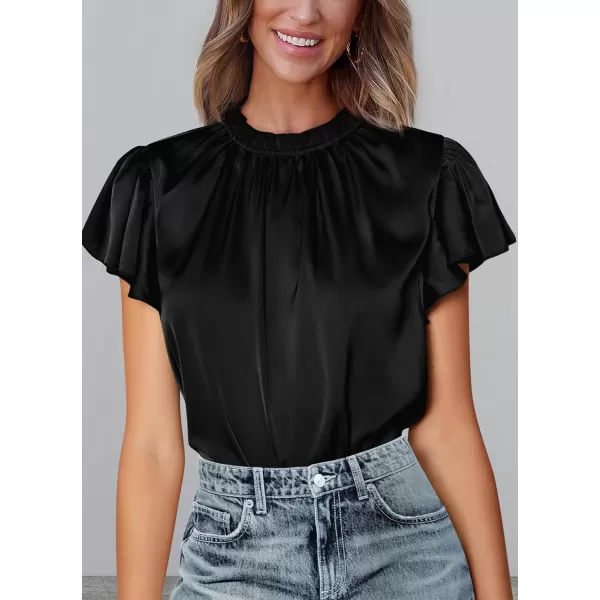 imagePRETTYGARDEN Womens Summer Satin Blouse Shirt Dressy Casual Ruffle Short Sleeve Crewneck Work Party TopsBlack