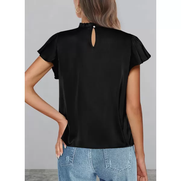 imagePRETTYGARDEN Womens Summer Satin Blouse Shirt Dressy Casual Ruffle Short Sleeve Crewneck Work Party TopsBlack