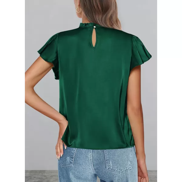 imagePRETTYGARDEN Womens Summer Satin Blouse Shirt Dressy Casual Ruffle Short Sleeve Crewneck Work Party TopsDark Green
