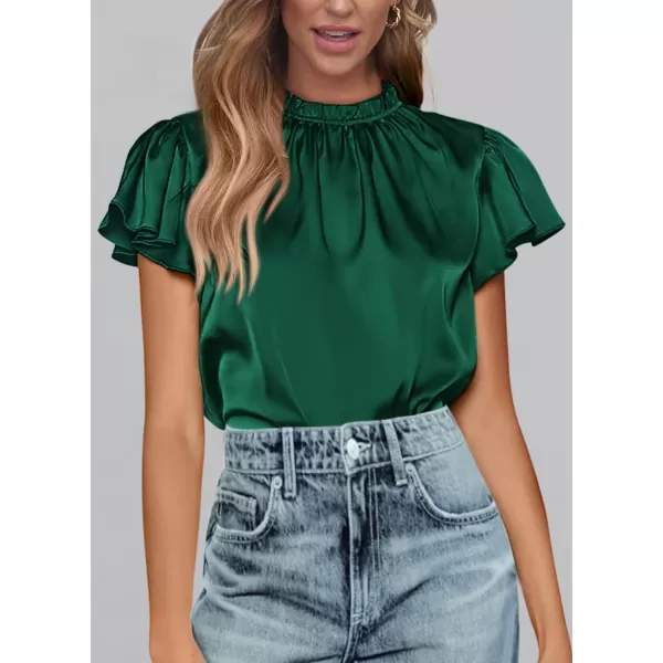 imagePRETTYGARDEN Womens Summer Satin Blouse Shirt Dressy Casual Ruffle Short Sleeve Crewneck Work Party TopsDark Green