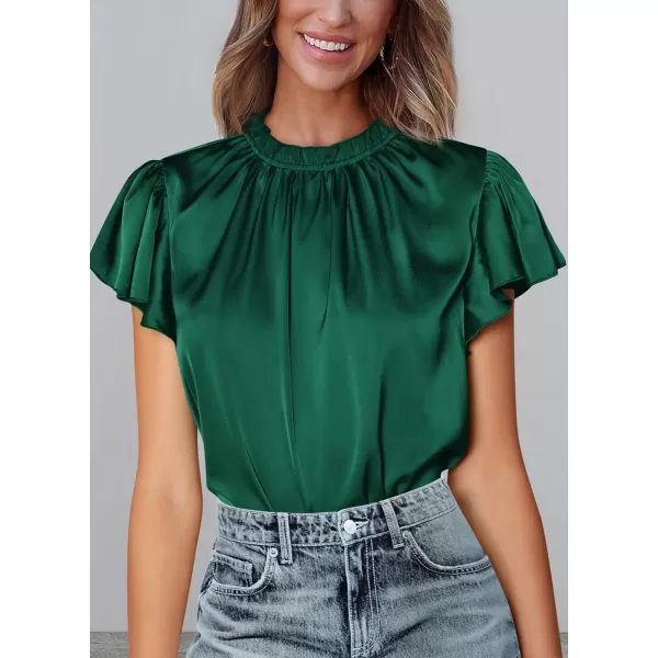 imagePRETTYGARDEN Womens Summer Satin Blouse Shirt Dressy Casual Ruffle Short Sleeve Crewneck Work Party TopsDark Green