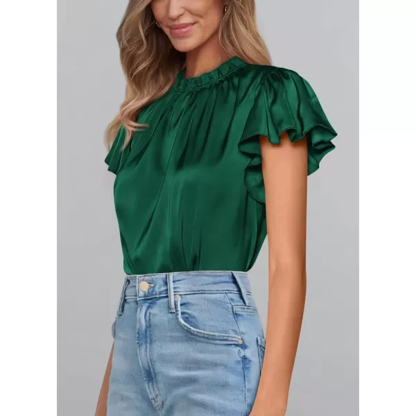 imagePRETTYGARDEN Womens Summer Satin Blouse Shirt Dressy Casual Ruffle Short Sleeve Crewneck Work Party TopsDark Green