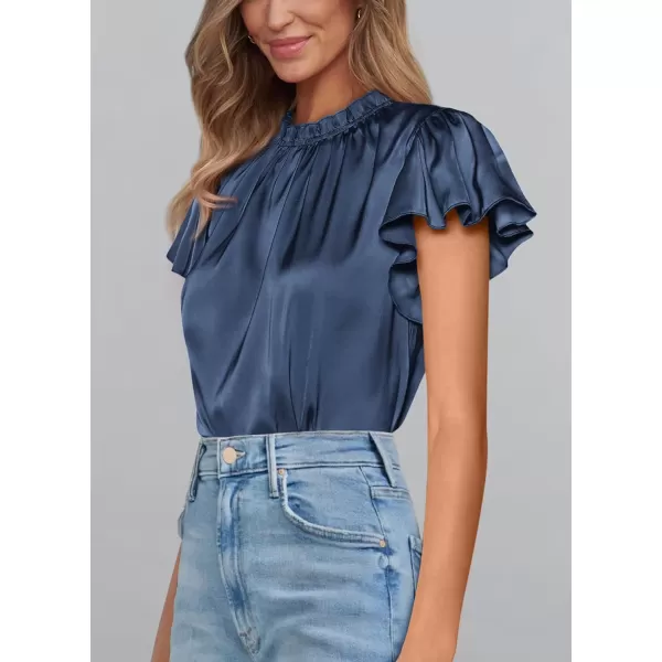 imagePRETTYGARDEN Womens Summer Satin Blouse Shirt Dressy Casual Ruffle Short Sleeve Crewneck Work Party TopsGrey Blue