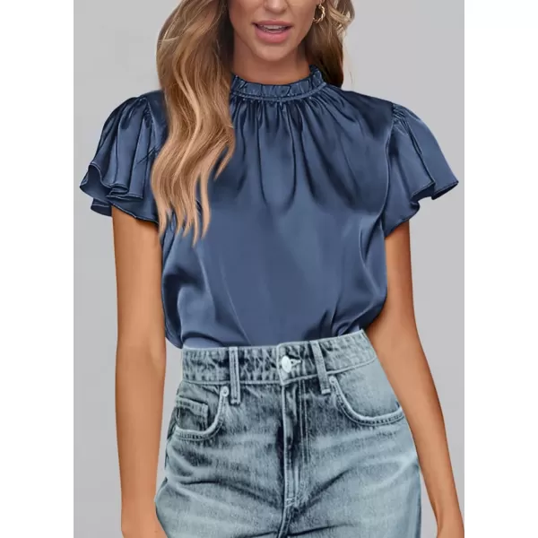 imagePRETTYGARDEN Womens Summer Satin Blouse Shirt Dressy Casual Ruffle Short Sleeve Crewneck Work Party TopsGrey Blue