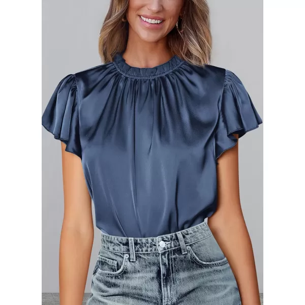 imagePRETTYGARDEN Womens Summer Satin Blouse Shirt Dressy Casual Ruffle Short Sleeve Crewneck Work Party TopsGrey Blue
