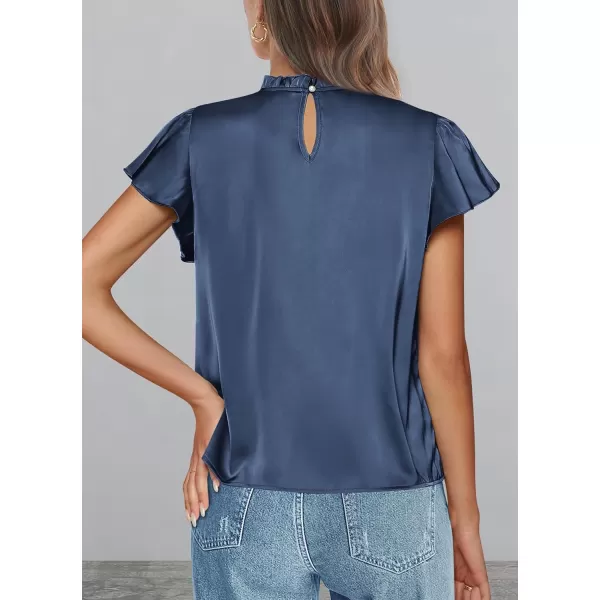 imagePRETTYGARDEN Womens Summer Satin Blouse Shirt Dressy Casual Ruffle Short Sleeve Crewneck Work Party TopsGrey Blue
