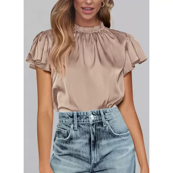 imagePRETTYGARDEN Womens Summer Satin Blouse Shirt Dressy Casual Ruffle Short Sleeve Crewneck Work Party TopsKhaki