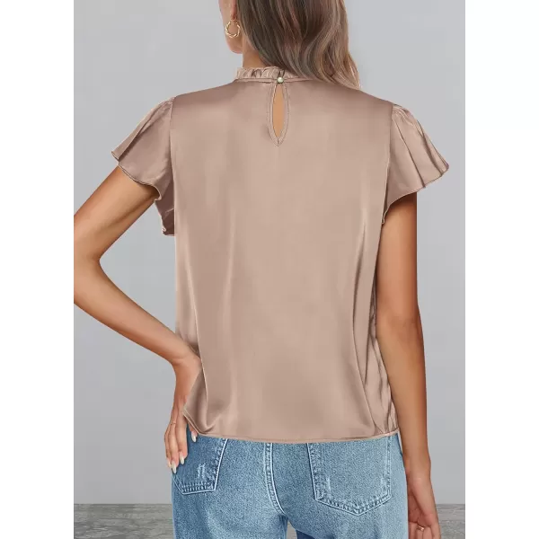 imagePRETTYGARDEN Womens Summer Satin Blouse Shirt Dressy Casual Ruffle Short Sleeve Crewneck Work Party TopsKhaki