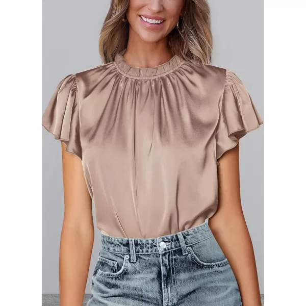 imagePRETTYGARDEN Womens Summer Satin Blouse Shirt Dressy Casual Ruffle Short Sleeve Crewneck Work Party TopsKhaki