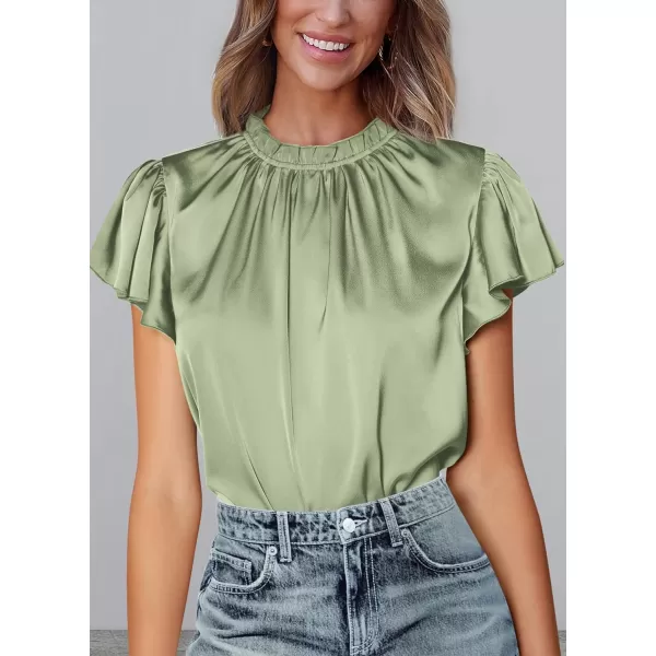 imagePRETTYGARDEN Womens Summer Satin Blouse Shirt Dressy Casual Ruffle Short Sleeve Crewneck Work Party TopsMint Green