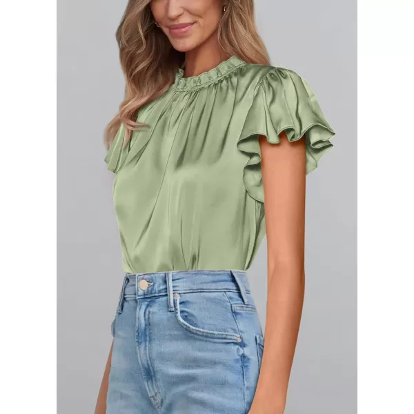 imagePRETTYGARDEN Womens Summer Satin Blouse Shirt Dressy Casual Ruffle Short Sleeve Crewneck Work Party TopsMint Green