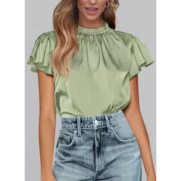 imagePRETTYGARDEN Womens Summer Satin Blouse Shirt Dressy Casual Ruffle Short Sleeve Crewneck Work Party TopsMint Green
