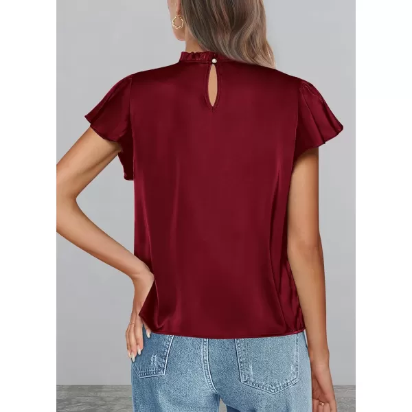 imagePRETTYGARDEN Womens Summer Satin Blouse Shirt Dressy Casual Ruffle Short Sleeve Crewneck Work Party TopsWine Red