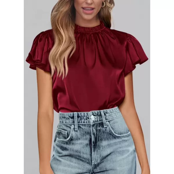 imagePRETTYGARDEN Womens Summer Satin Blouse Shirt Dressy Casual Ruffle Short Sleeve Crewneck Work Party TopsWine Red